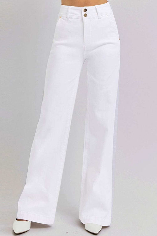 RISEN Full Size Tummy Control Double Button Wide Leg Jeans - Trendsi - Flyclothing LLC