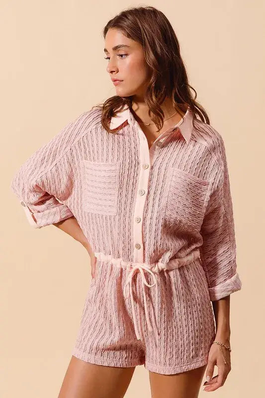 SO ME Textured Knit Button Front Romper - Trendsi - Flyclothing LLC