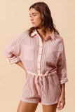 SO ME Textured Knit Button Front Romper - Trendsi
