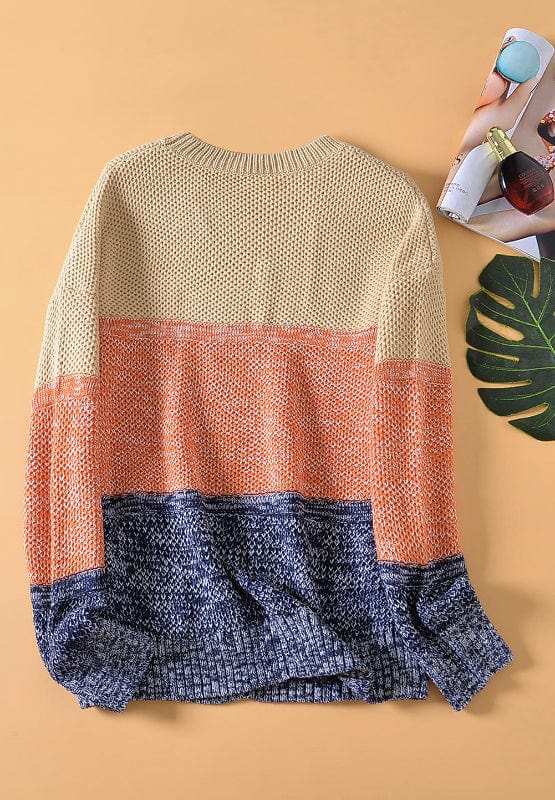 Color Block Round Neck Long Sleeve Sweater - Trendsi - Flyclothing LLC