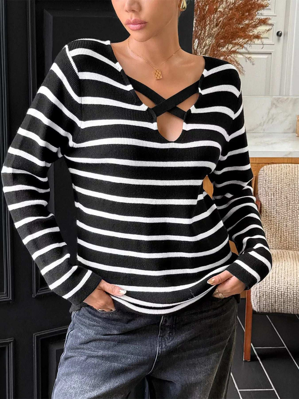 Striped Cross Front Long Sleeve Knit Top - Trendsi - Flyclothing LLC