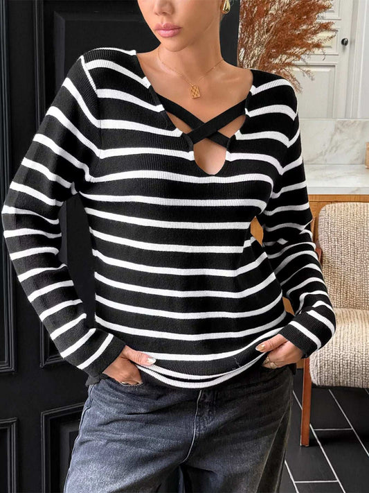 Striped Cross Front Long Sleeve Knit Top - Trendsi - Flyclothing LLC