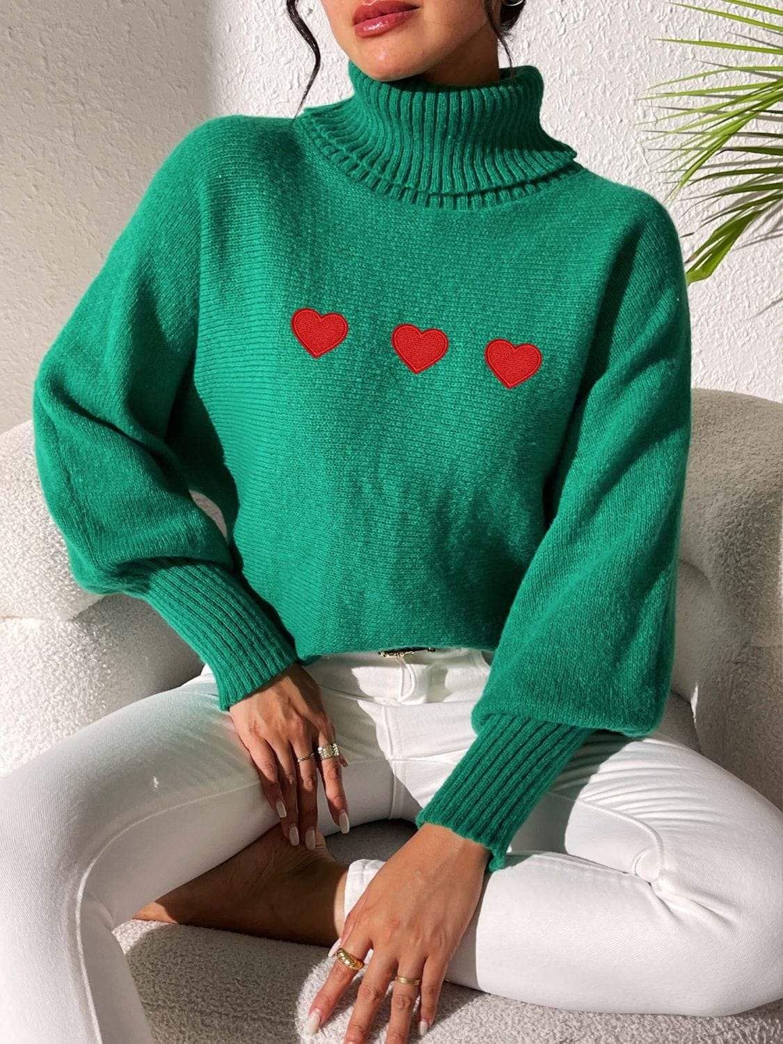 Heart Turtleneck Long Sleeve Sweater - Trendsi - Flyclothing LLC