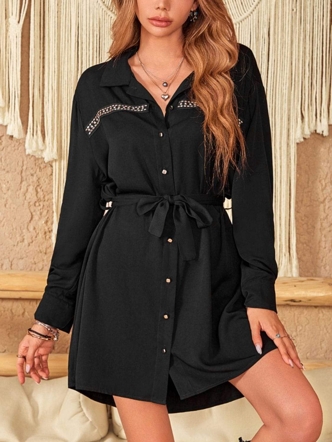 Collared Neck Long Sleeve Mini Dress - Trendsi - Flyclothing LLC