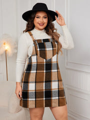 Plus Size Plaid Wide Strap Overall Dress - Trendsi