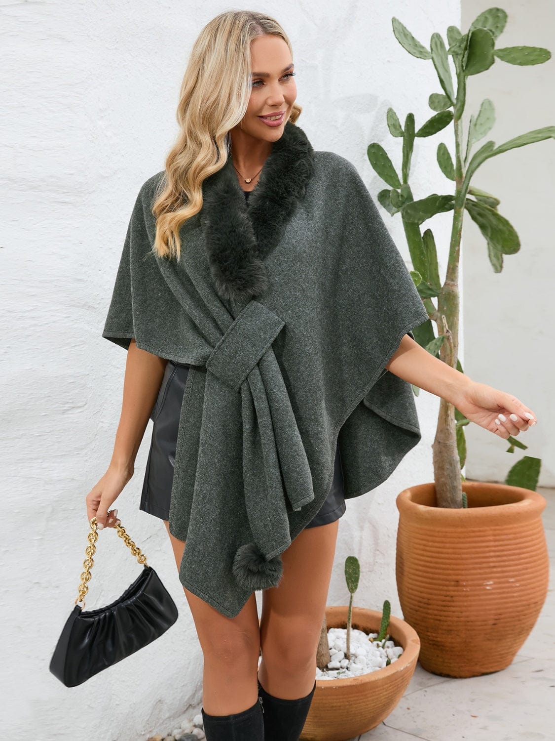 Fuzzy Trim Open Front Poncho - Trendsi