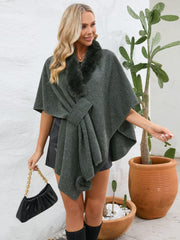 Fuzzy Trim Open Front Poncho - Trendsi