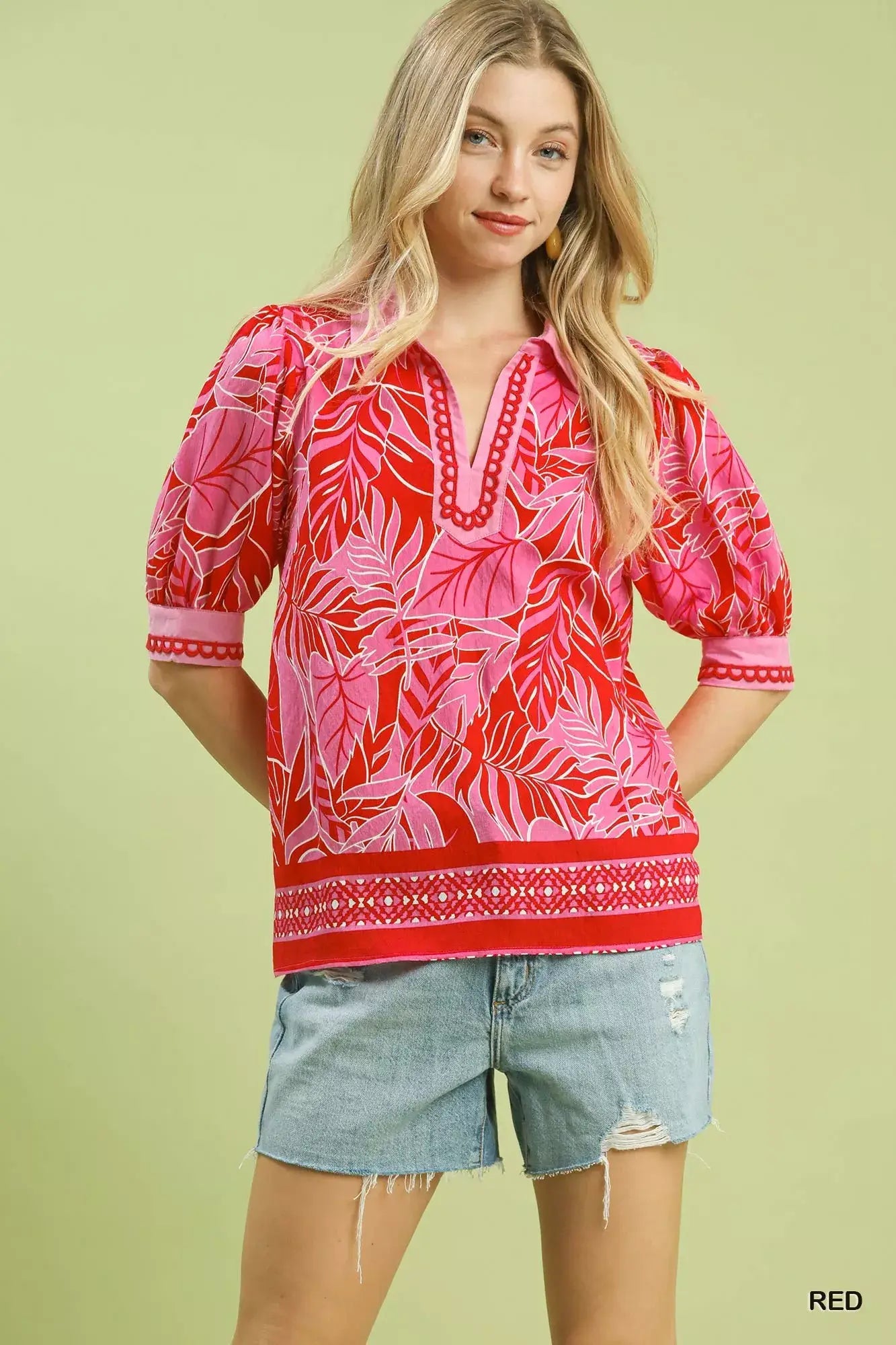 Umgee Tropical Print Puff Sleeve Blouse - Trendsi - Flyclothing LLC