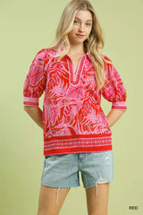 Umgee Tropical Print Puff Sleeve Blouse - Trendsi - Flyclothing LLC
