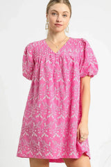 Umgee Floral Puff Sleeve V-Neck Mini Dress - Trendsi - Flyclothing LLC