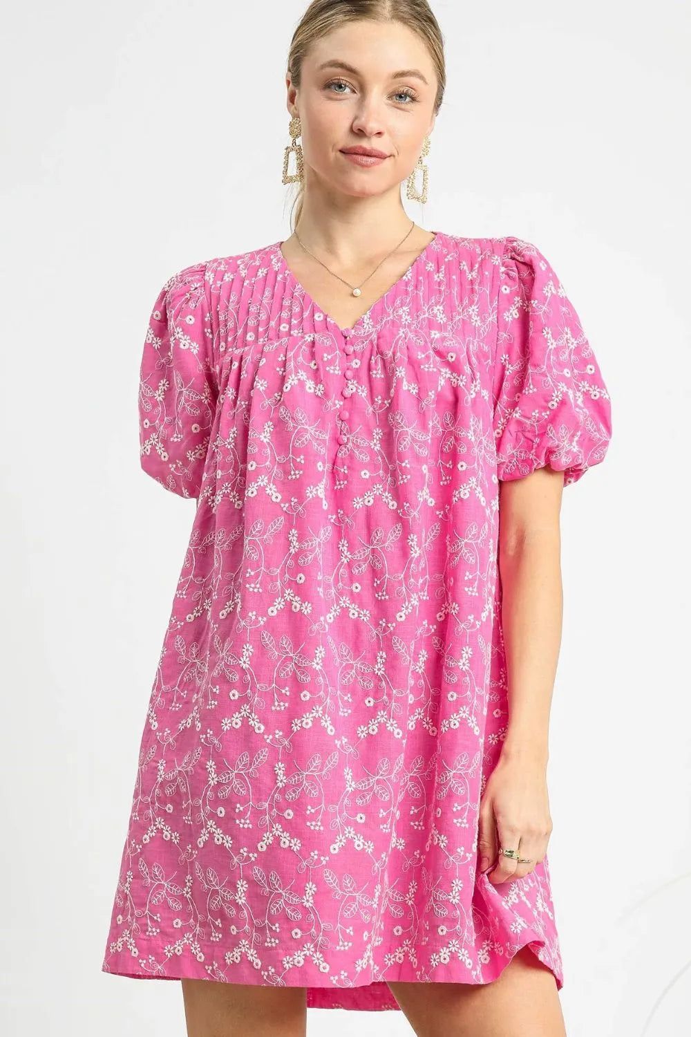 Umgee Floral Puff Sleeve V-Neck Mini Dress - Trendsi
