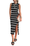 Slit Striped Round Neck Sleeveless Midi Dress - Trendsi - Flyclothing LLC