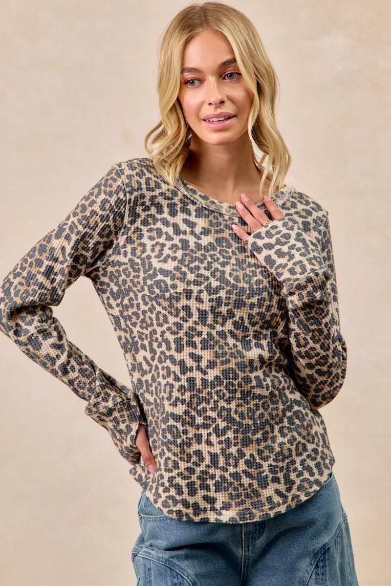 BiBi Leopard Print Washed Waffle Thermal Top with Thumb - Trendsi - Flyclothing LLC