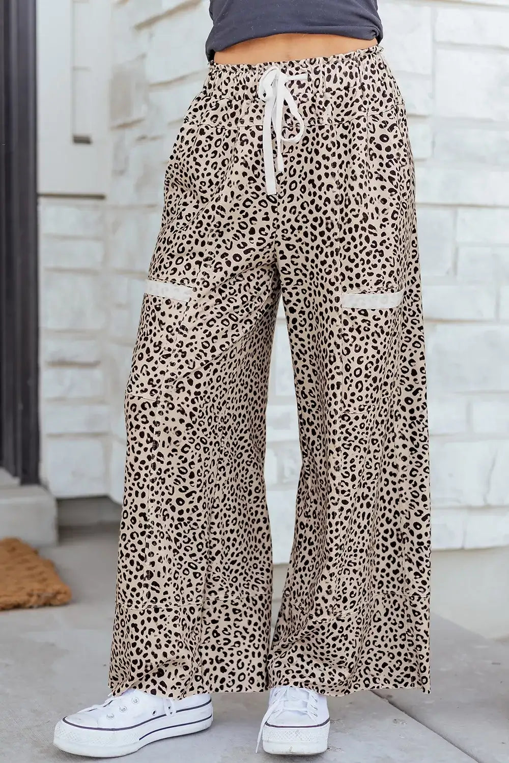 Leopard Print Wide-Leg Pants with Drawstring - Trendsi - Flyclothing LLC