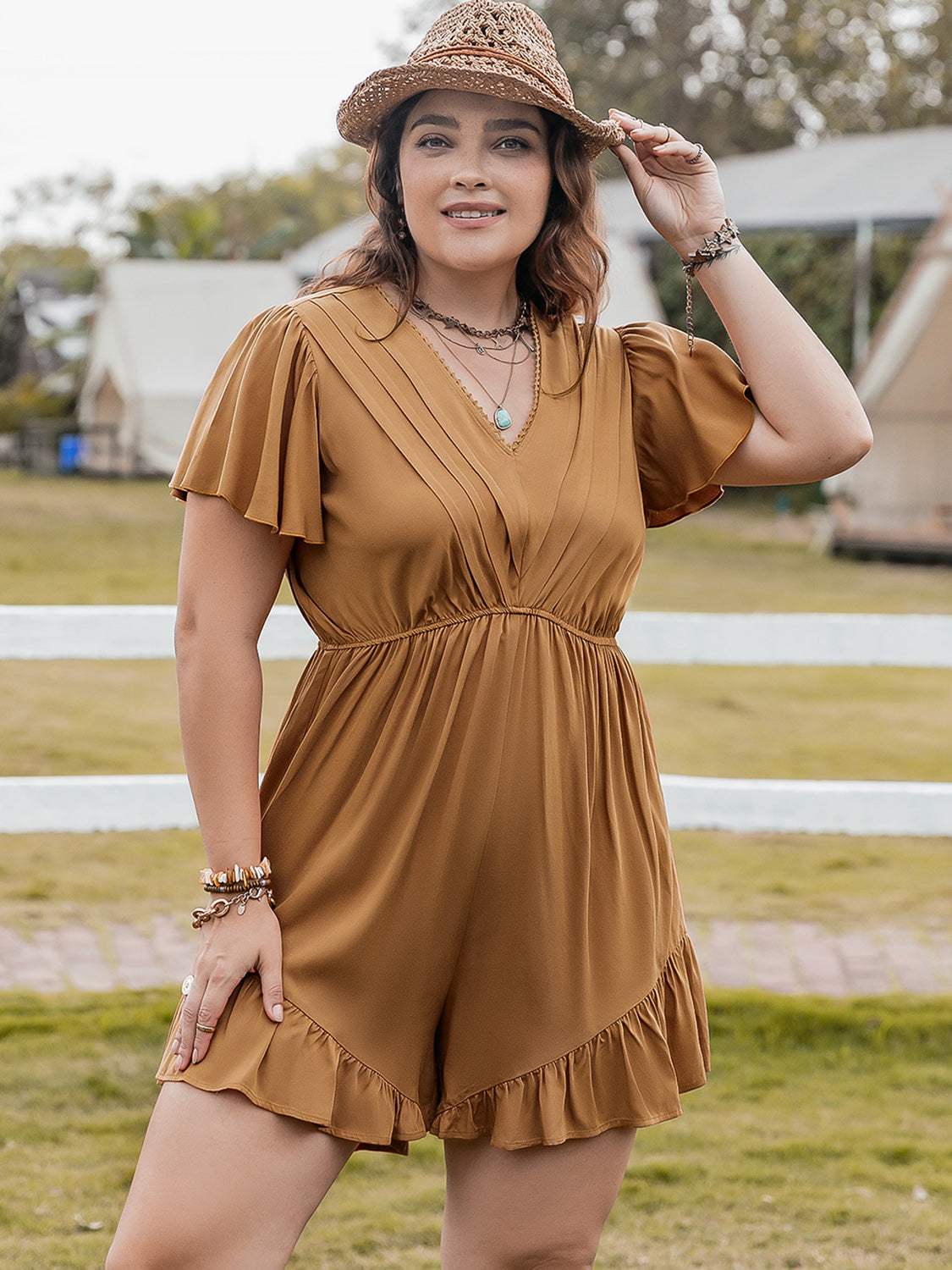 Plus Size Ruffled V-Neck Short Sleeve Romper - Trendsi - Flyclothing LLC