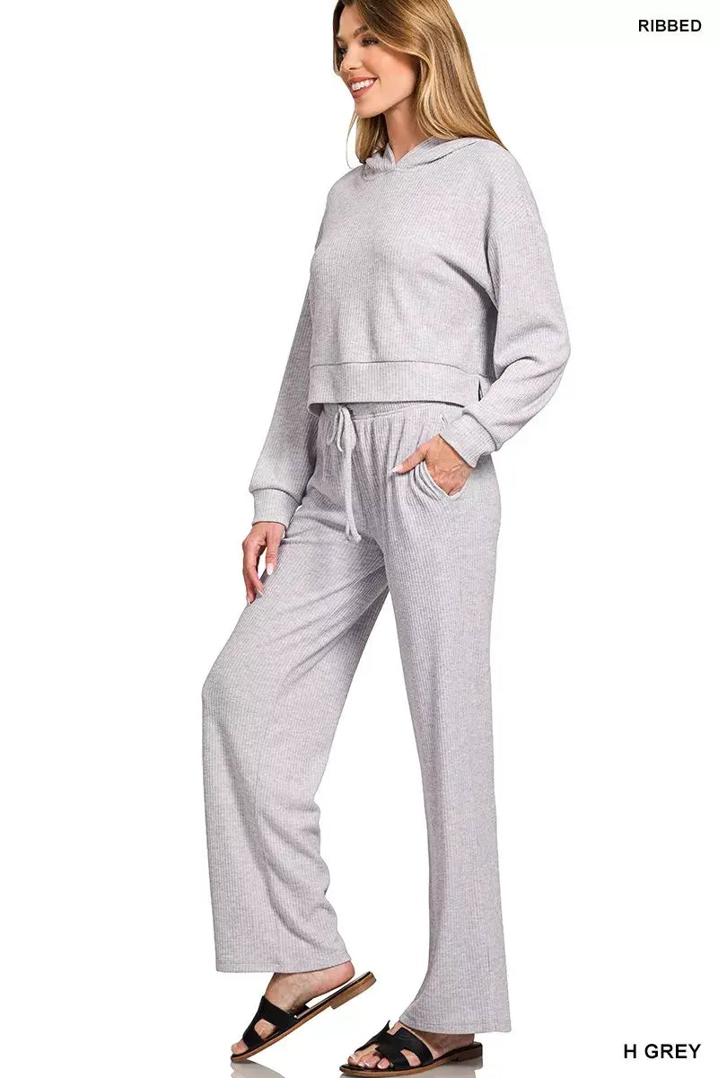 Zenana Drop Shoulder Ribbed Crop Hoodie - Trendsi - Flyclothing LLC