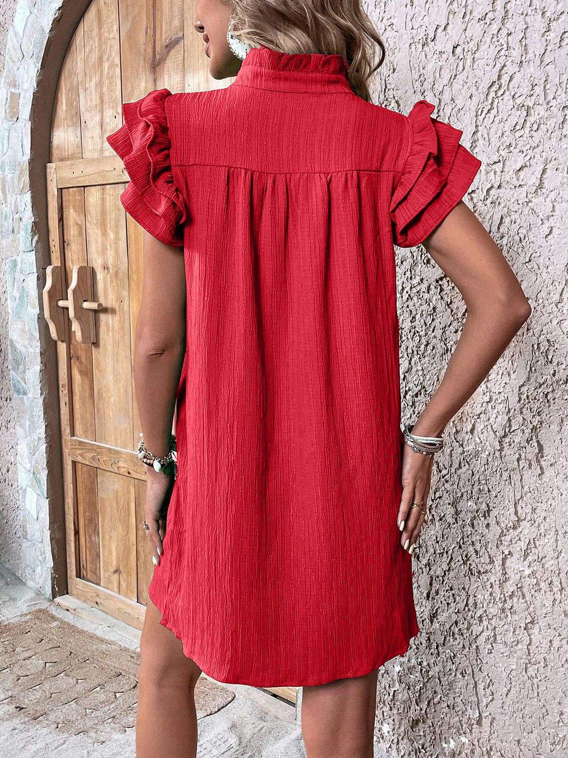 Ruffled Notched Cap Sleeve Mini Dress - Trendsi - Flyclothing LLC