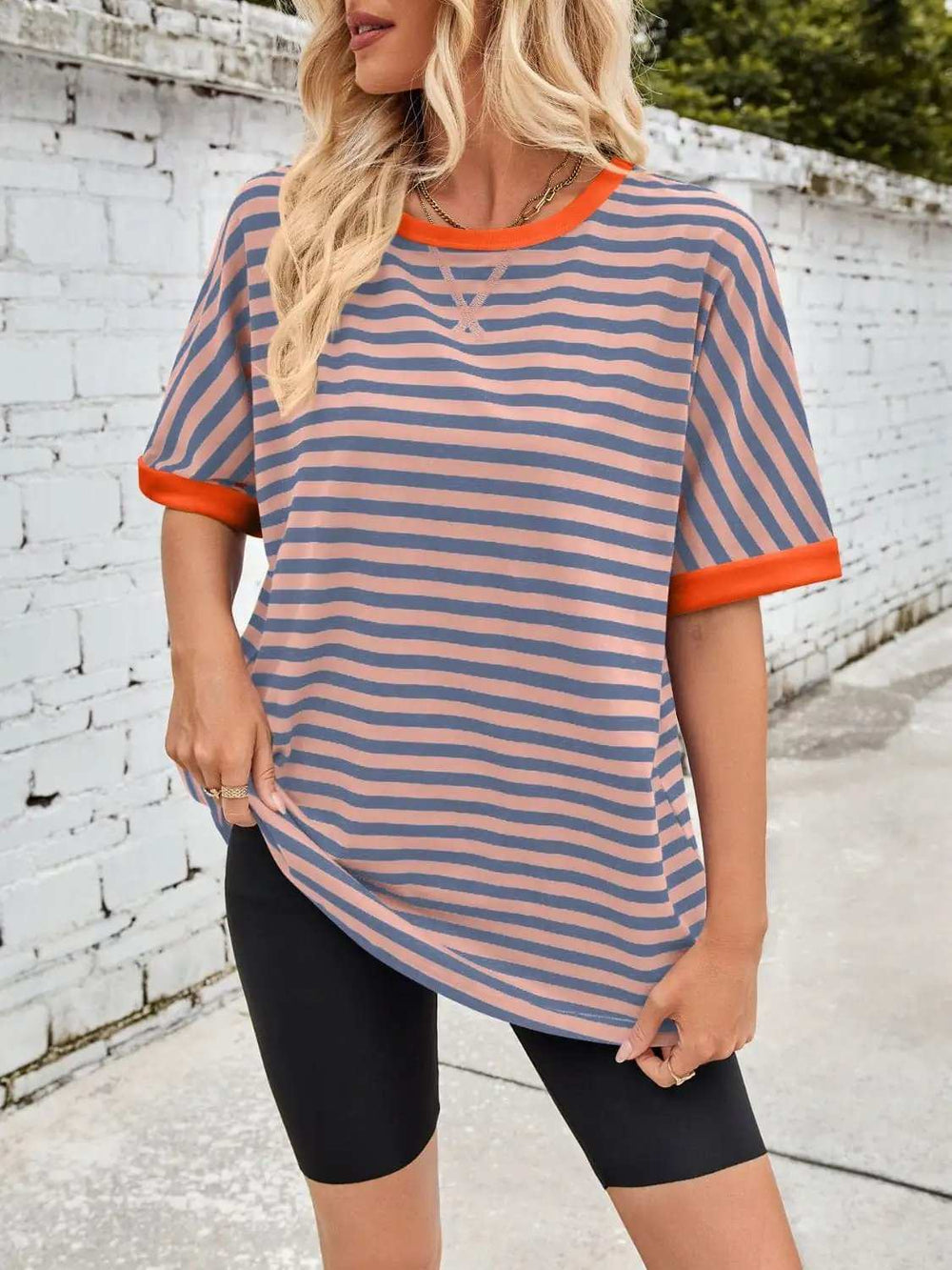 Lovelet Striped Round Neck Half Sleeve T-Shirt - Trendsi - Flyclothing LLC