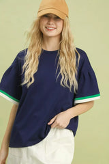 Umgee Contrast Trim Bell Sleeve Top - Trendsi - Flyclothing LLC