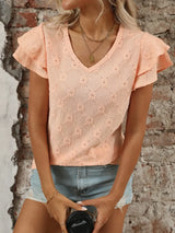 Eyelet V-Neck Ruffled Cap Sleeve Top - Trendsi - Flyclothing LLC