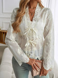 Devine Tied Frill V-Neck Long Sleeve Lace Top - Trendsi