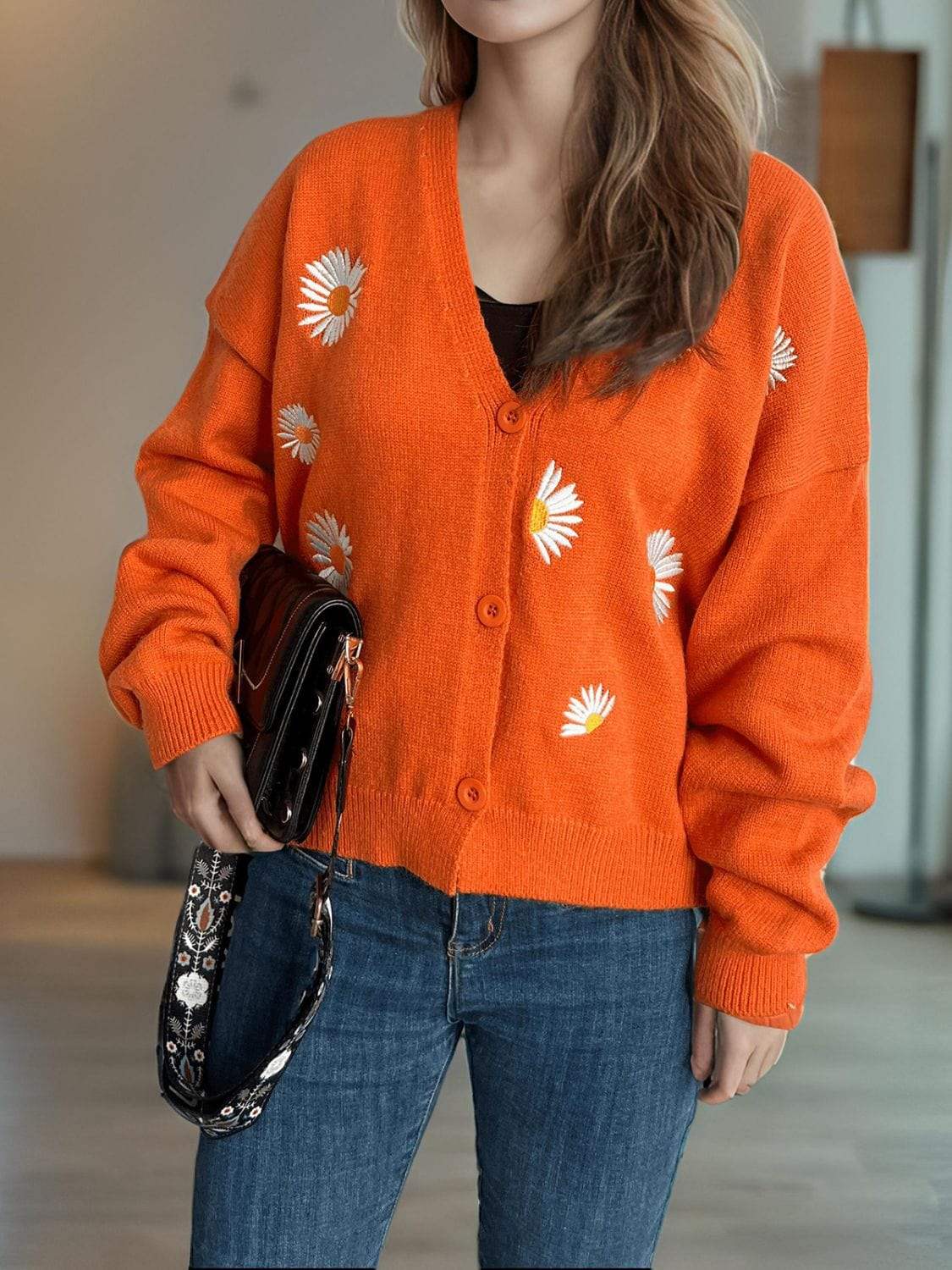 Daisy Button Up V-Neck Cardigan - Trendsi - Flyclothing LLC