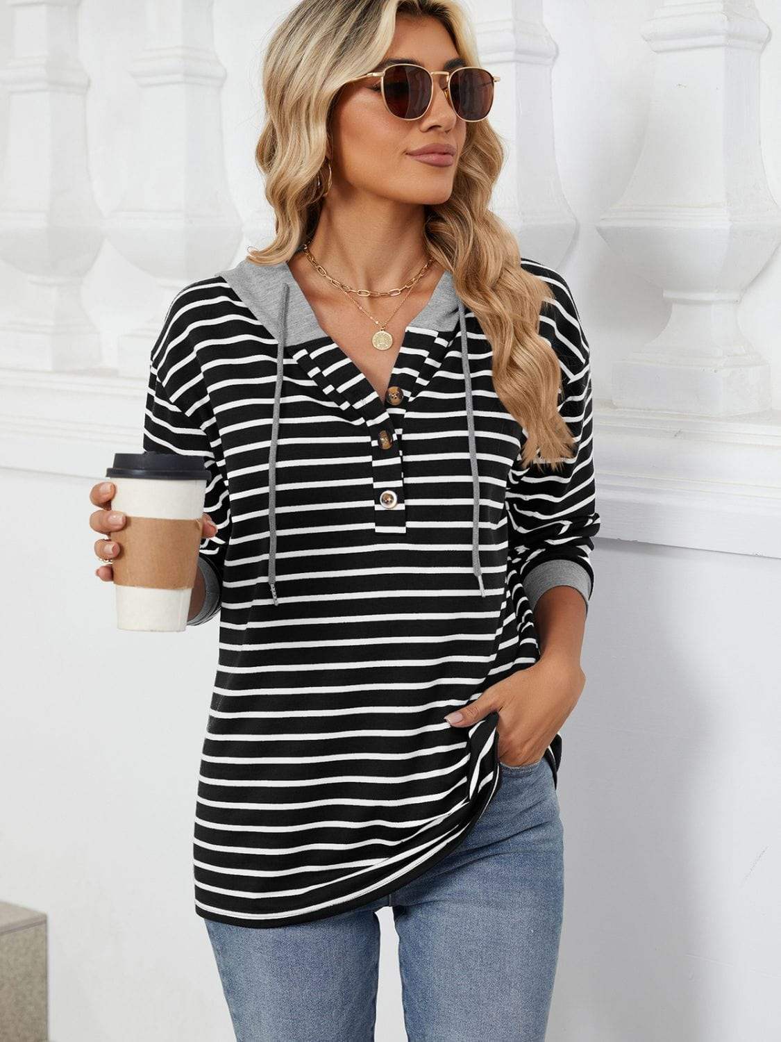 Drawstring Striped Long Sleeve Hoodie - Trendsi - Flyclothing LLC