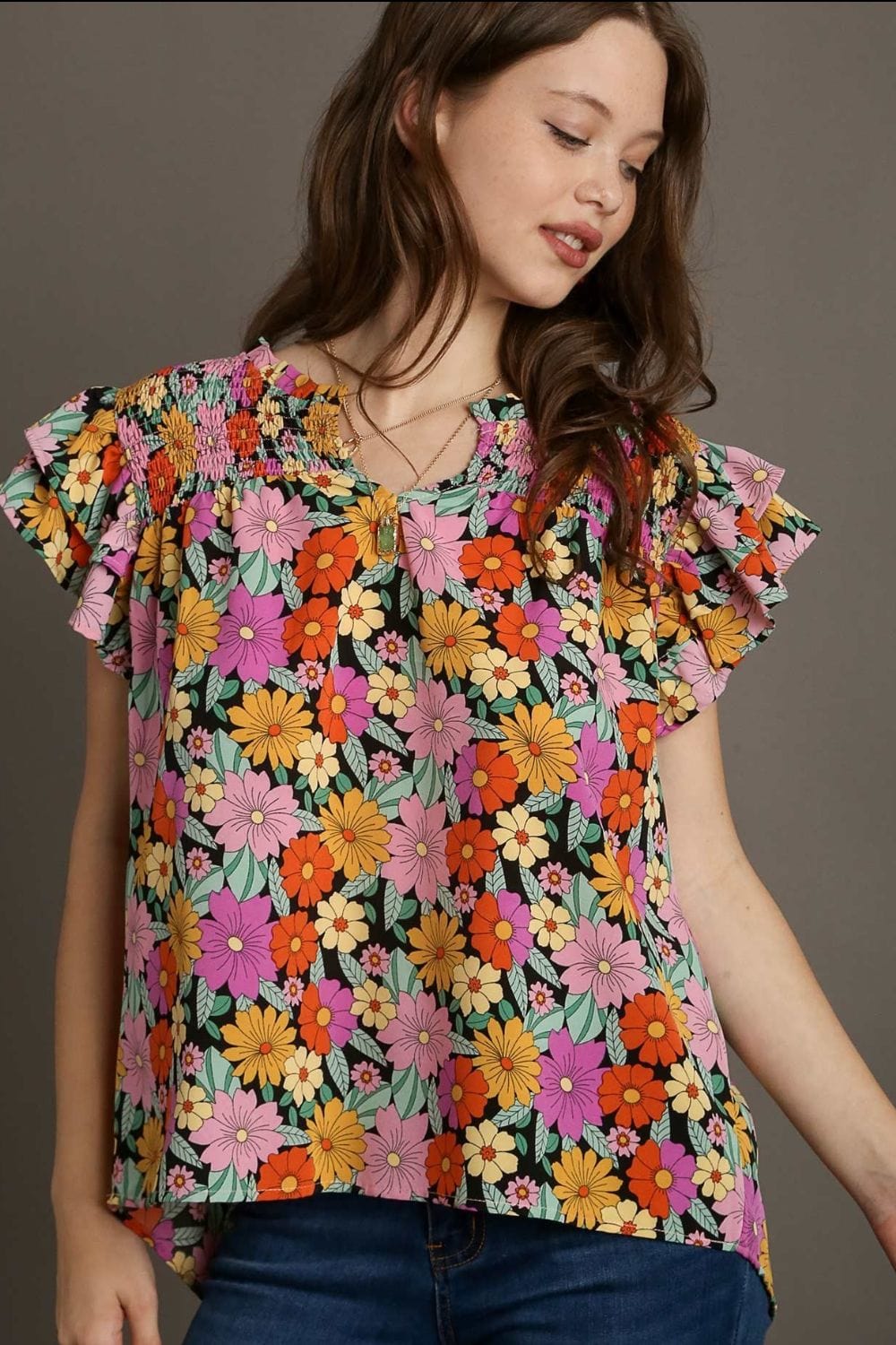Umgee Full Size Floral Printed Smocked Top Plus Size - Trendsi