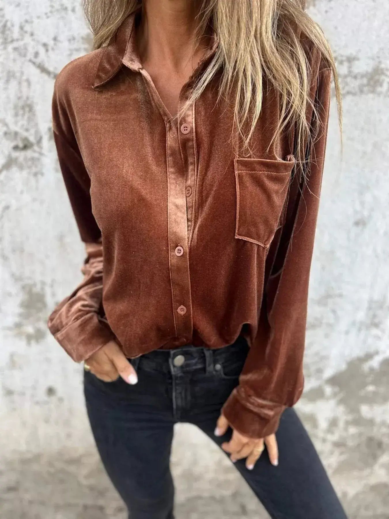 Full Size Velvet Button-Up Long Sleeve Shirt Plus Size - Trendsi - Flyclothing LLC