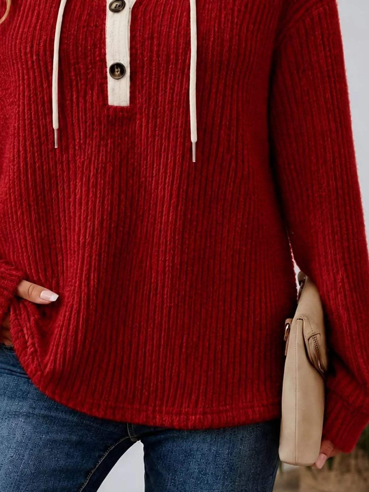 Full Size Drawstring Button Detail Hooded Sweater Plus Size - Trendsi - Flyclothing LLC