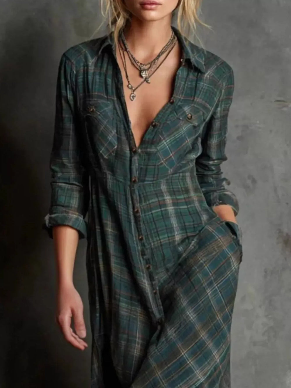 Full Size Plaid Button-Down Maxi Dress Plus Size - Trendsi - Flyclothing LLC