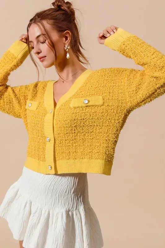 SO ME Frayed Tweed Knit Buttoned Front Cardigan - Trendsi - Flyclothing LLC