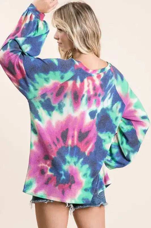 BiBi Tie Dye Print Terry Top with Puff Sleeves - Trendsi - Flyclothing LLC
