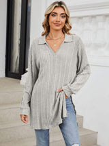 Slit Johnny Collar Long Sleeve T-Shirt - Trendsi - Flyclothing LLC