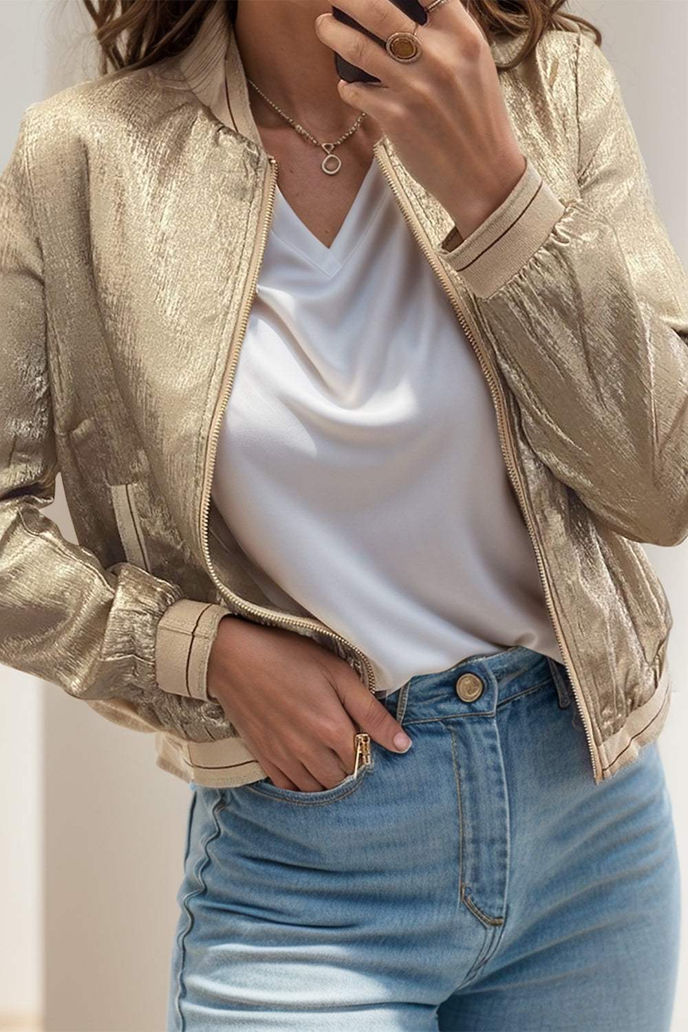 Baseball Collar Zip Up Long Sleeve Jacket - Trendsi - Flyclothing LLC