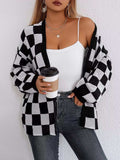 Checkerboard Pattern Open Front Knit Cardigan - Trendsi - Flyclothing LLC