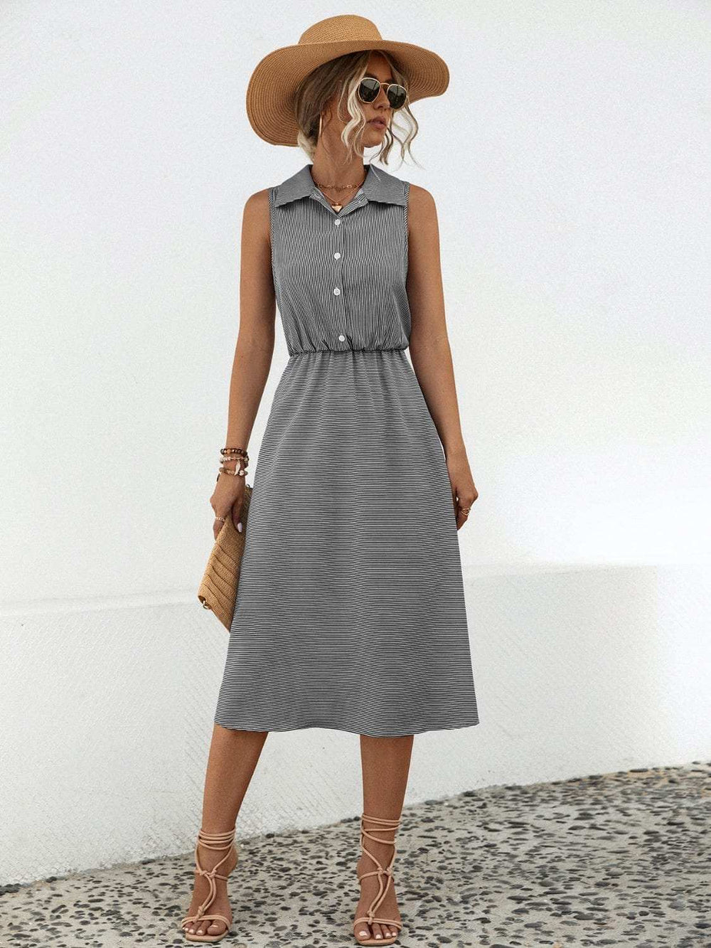 Striped Collared Neck Sleeveless Midi Dress - Trendsi