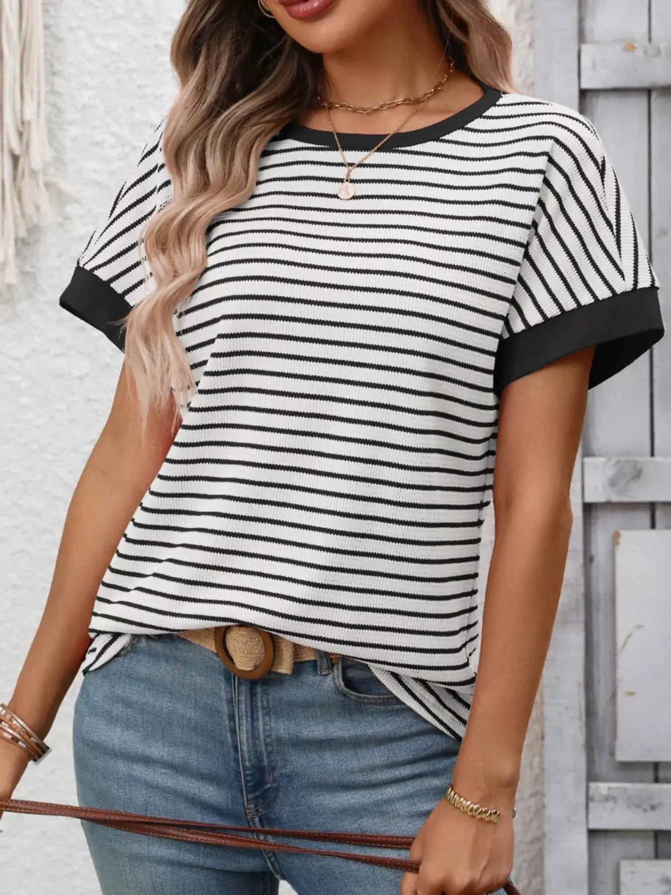 Striped Ribbed Knit Short Sleeve T-Shirt - Trendsi - Flyclothing LLC