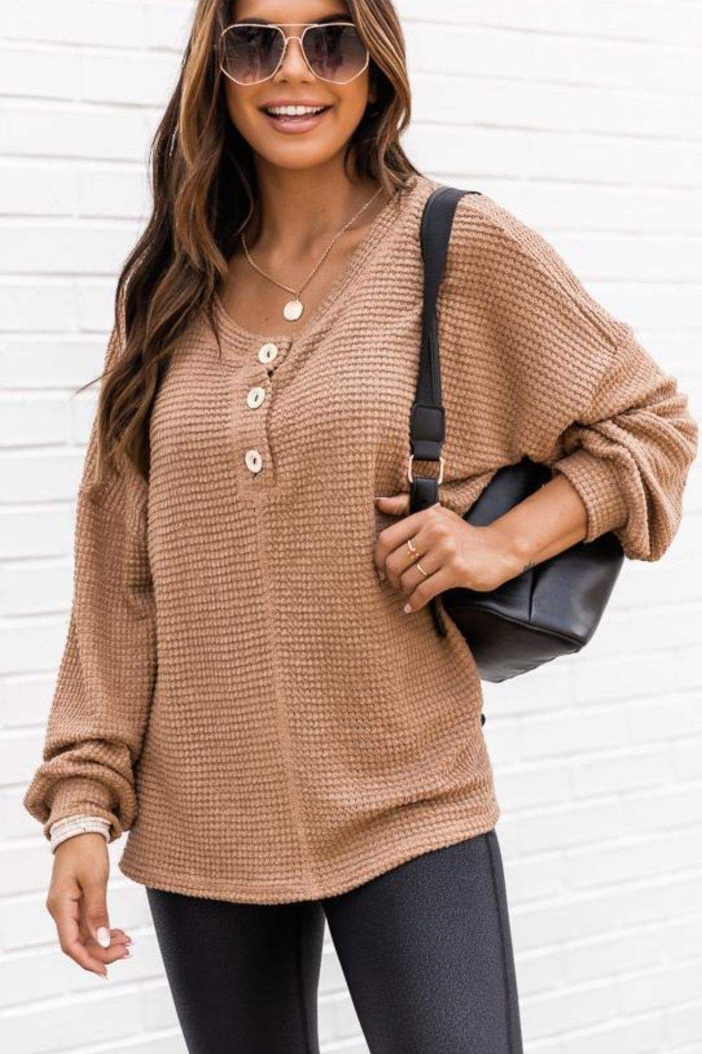 Slit Waffle Knit Long Sleeve T-Shirt - Trendsi - Flyclothing LLC