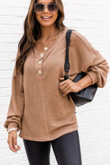 Slit Waffle Knit Long Sleeve T-Shirt - Trendsi - Flyclothing LLC