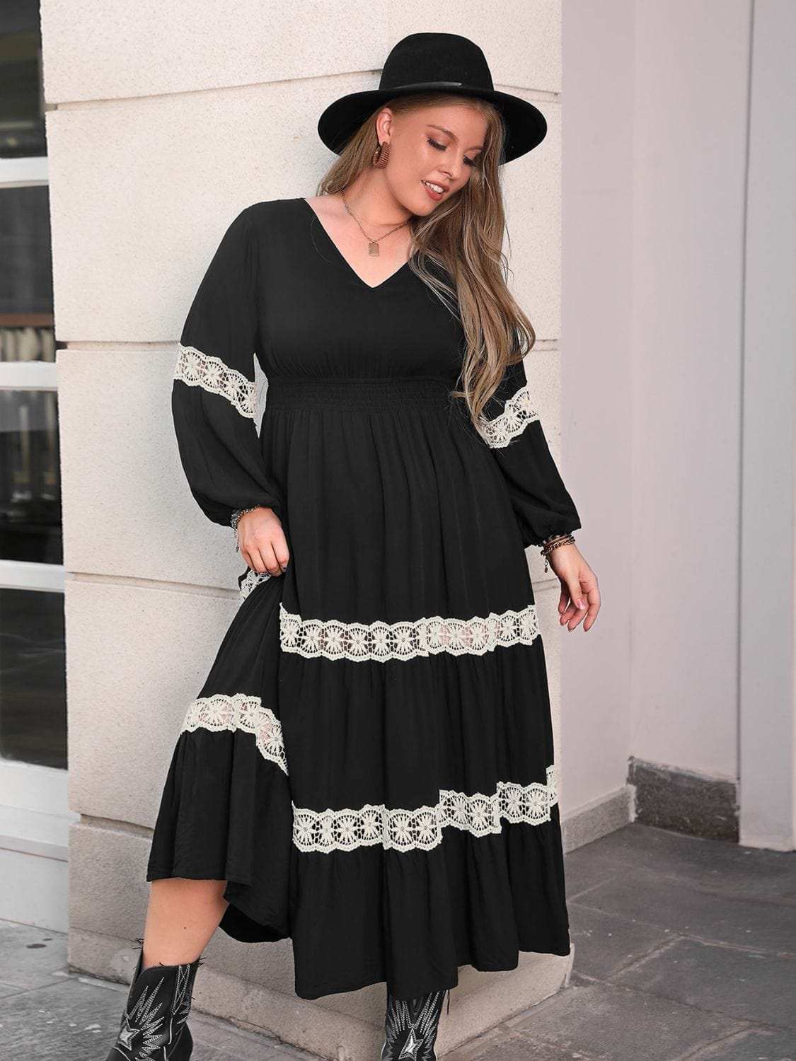 Plus Size Lace Detail V-Neck Long Sleeve Midi Dress - Trendsi - Flyclothing LLC