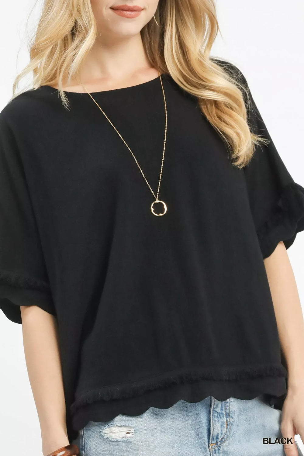 Umgee Linen Frayed Hem Scallop Edge Top - Trendsi - Flyclothing LLC