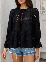 Devine Tie Front Flounce Sleeve Peplum Blouse - Trendsi - Flyclothing LLC