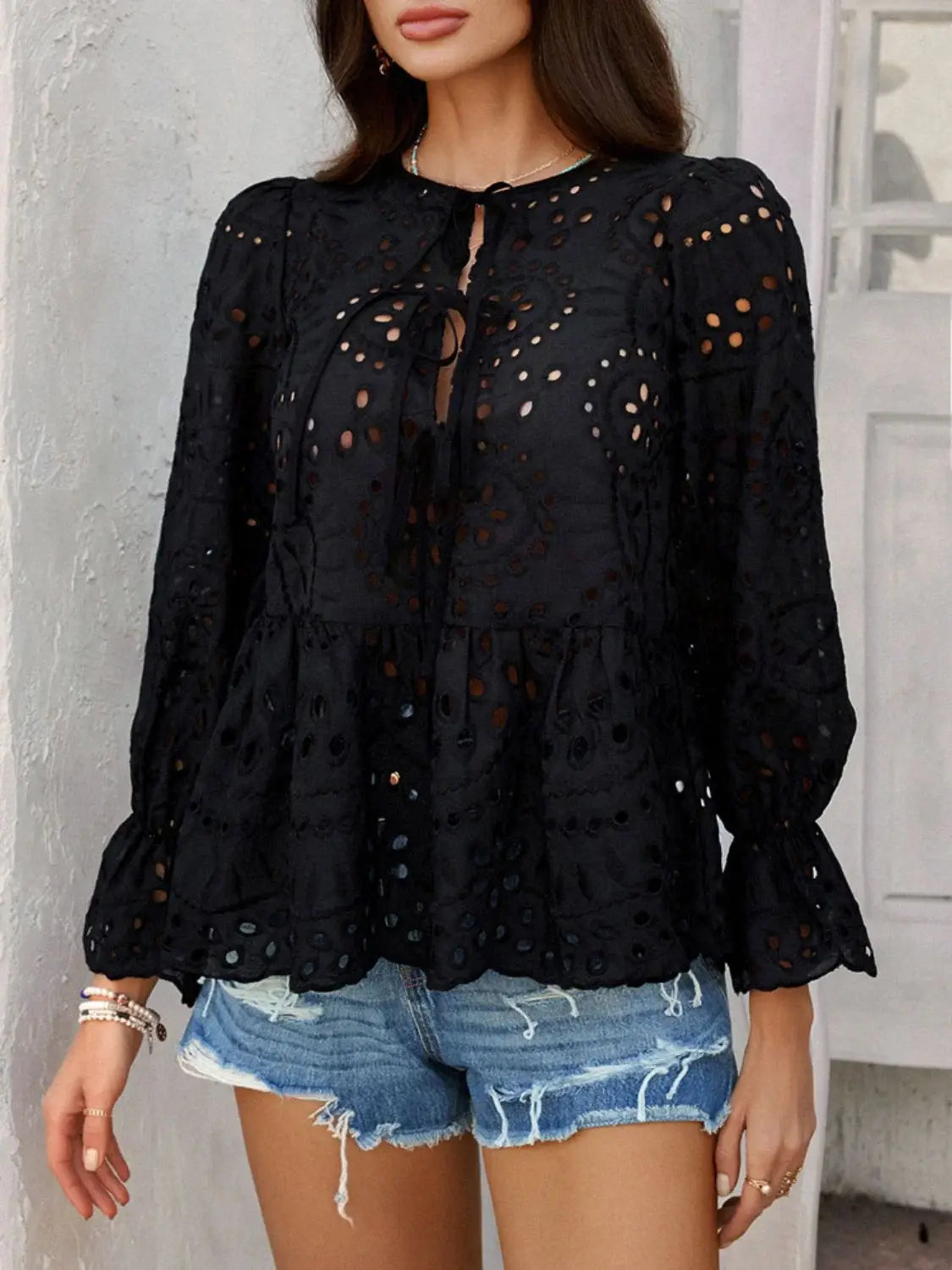 Devine Tie Front Flounce Sleeve Peplum Blouse - Trendsi - Flyclothing LLC