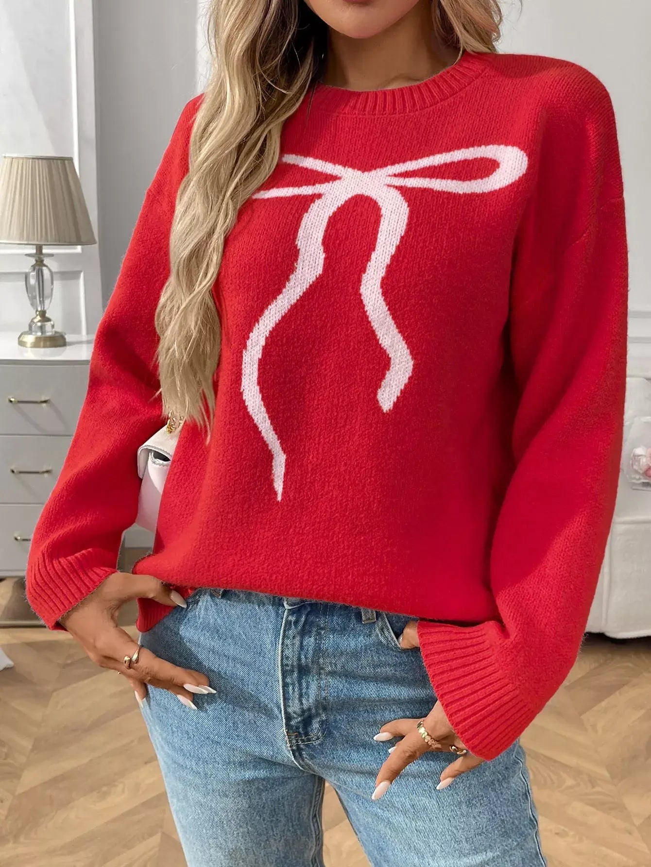 Bow Round Neck Long Sleeve Sweater - Trendsi - Flyclothing LLC