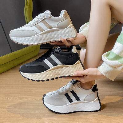 Side Striped Lace Up Platform Athletic Sneakers - Trendsi - Flyclothing LLC