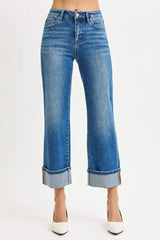 RISEN Full Size Mid Rise Crop Straight Cuffed Jeans Plus Size - Trendsi - Flyclothing LLC