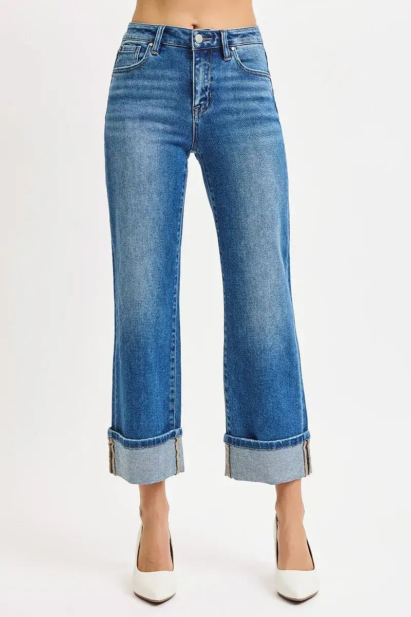 RISEN Full Size Mid Rise Crop Straight Cuffed Jeans Plus Size - Trendsi - Flyclothing LLC