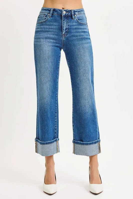 RISEN Full Size Mid Rise Crop Straight Cuffed Jeans Plus Size - Trendsi - Flyclothing LLC