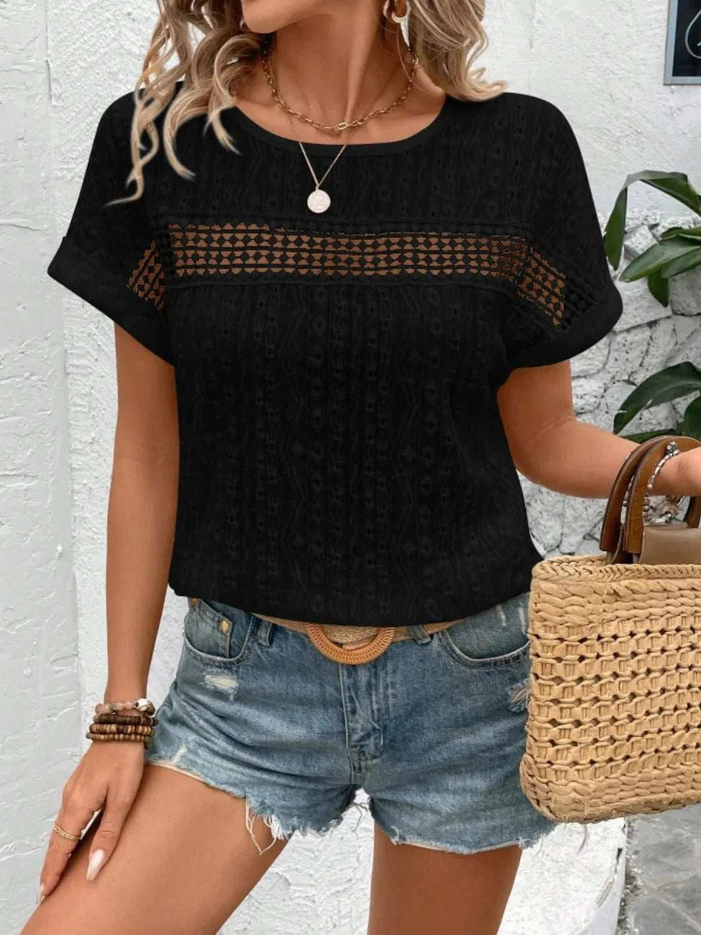 Eyelet Round Neck Short Sleeve Top - Trendsi - Flyclothing LLC